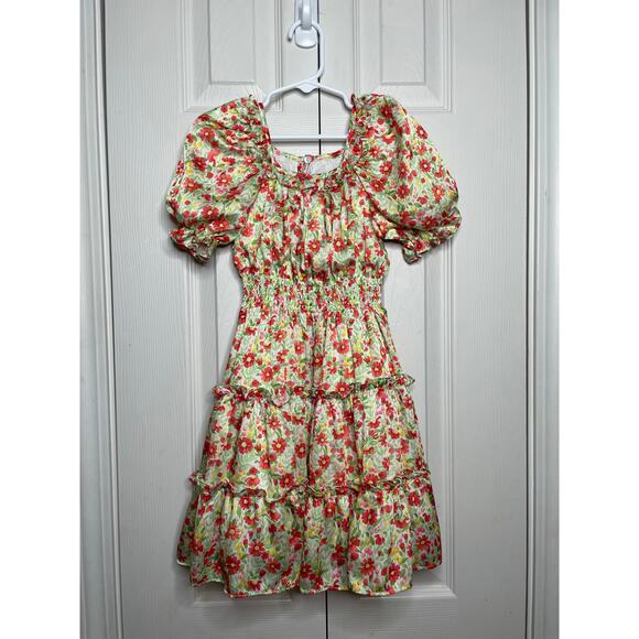 Abel & Lula Girls Size 8 Floral Tiered Knee Length Dress Red Green